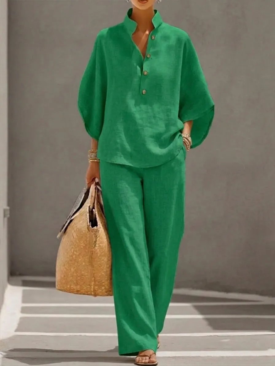 🔥🔥Last Day 50% OFF🔥Women's Batwing Sleeve Linen Cotton Two-Piece Set – Casual Shirt & Wide Leg Pants Outfit