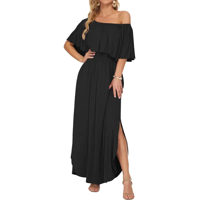 🔥Summer Hot Sale 50% OFF🔥Women's Off The Shoulder Dress Wedding Guest Dress Summer Casual Long Ruffle Party Side Split Beach Maxi Dresses