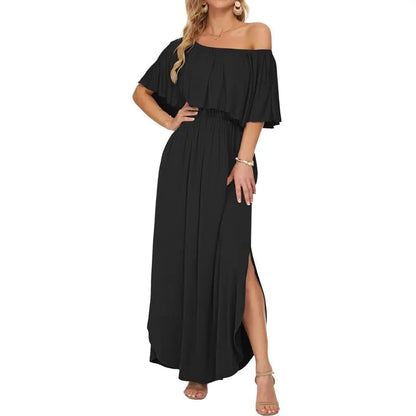 🔥Summer Hot Sale 50% OFF🔥Women's Off The Shoulder Dress Wedding Guest Dress Summer Casual Long Ruffle Party Side Split Beach Maxi Dresses