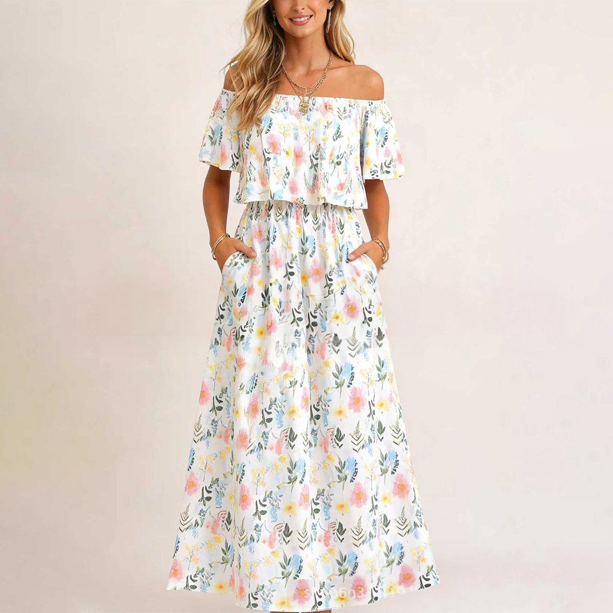 🔥Summer Hot Sale 50% OFF🔥Women's Off The Shoulder Dress Wedding Guest Dress Summer Casual Long Ruffle Party Side Split Beach Maxi Dresses