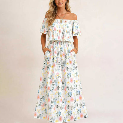 🔥Summer Hot Sale 50% OFF🔥Women's Off The Shoulder Dress Wedding Guest Dress Summer Casual Long Ruffle Party Side Split Beach Maxi Dresses