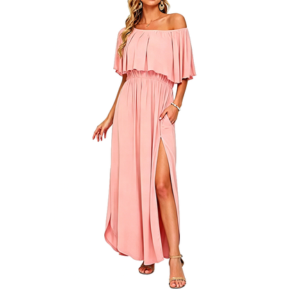 🔥Summer Hot Sale 50% OFF🔥Women's Off The Shoulder Dress Wedding Guest Dress Summer Casual Long Ruffle Party Side Split Beach Maxi Dresses