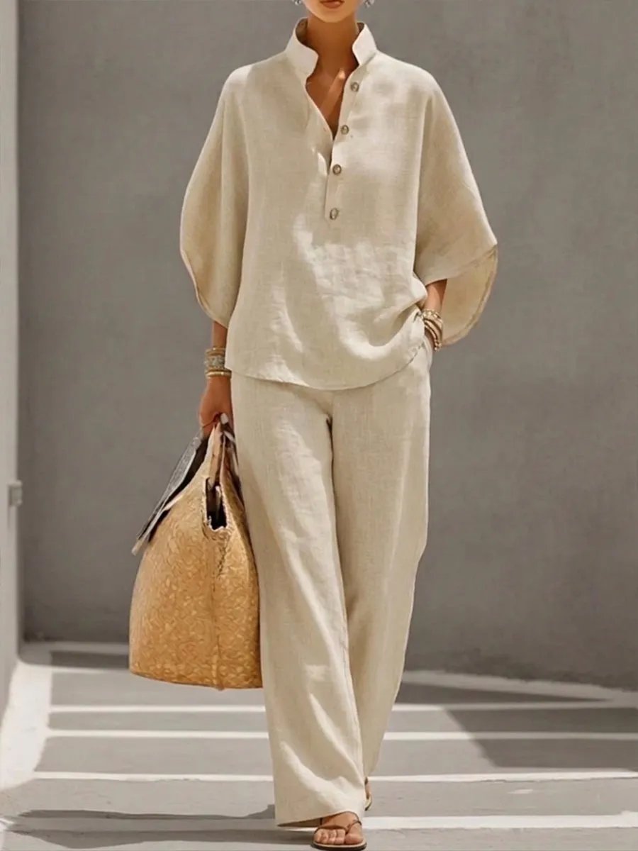🔥🔥Last Day 50% OFF🔥Women's Batwing Sleeve Linen Cotton Two-Piece Set – Casual Shirt & Wide Leg Pants Outfit