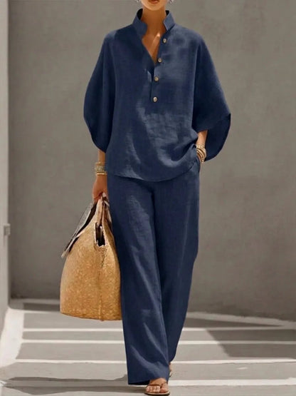🔥🔥Last Day 50% OFF🔥Women's Batwing Sleeve Linen Cotton Two-Piece Set – Casual Shirt & Wide Leg Pants Outfit