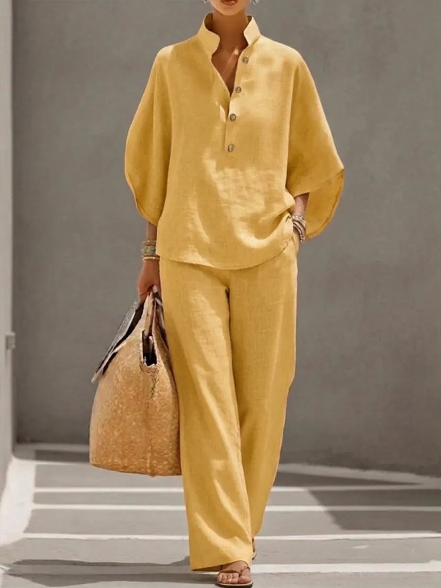 🔥🔥Last Day 50% OFF🔥Women's Batwing Sleeve Linen Cotton Two-Piece Set – Casual Shirt & Wide Leg Pants Outfit