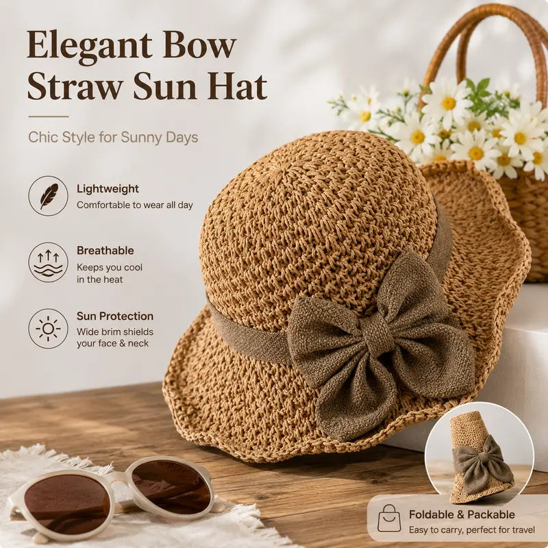 🔥Summer Special !✨Straw Hat with Retro Bow – Foldable & Breathable for Summer