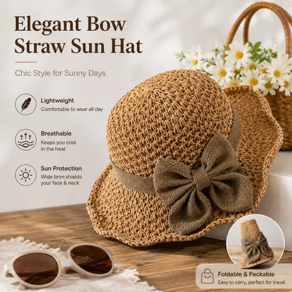 🔥Summer Special !✨Straw Hat with Retro Bow – Foldable & Breathable for Summer