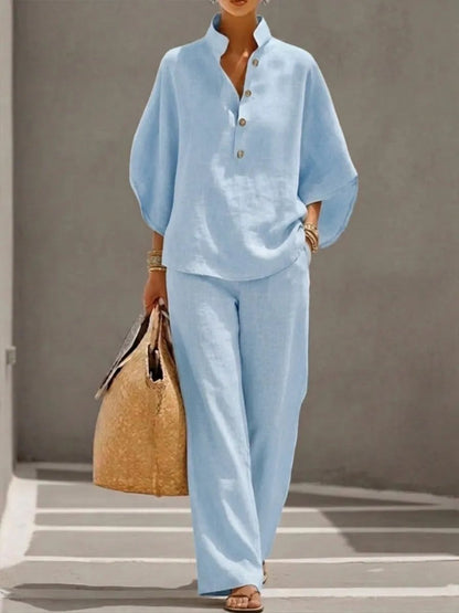 🔥🔥Last Day 50% OFF🔥Women's Batwing Sleeve Linen Cotton Two-Piece Set – Casual Shirt & Wide Leg Pants Outfit