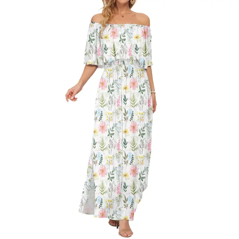 🔥Summer Hot Sale 50% OFF🔥Women's Off The Shoulder Dress Wedding Guest Dress Summer Casual Long Ruffle Party Side Split Beach Maxi Dresses