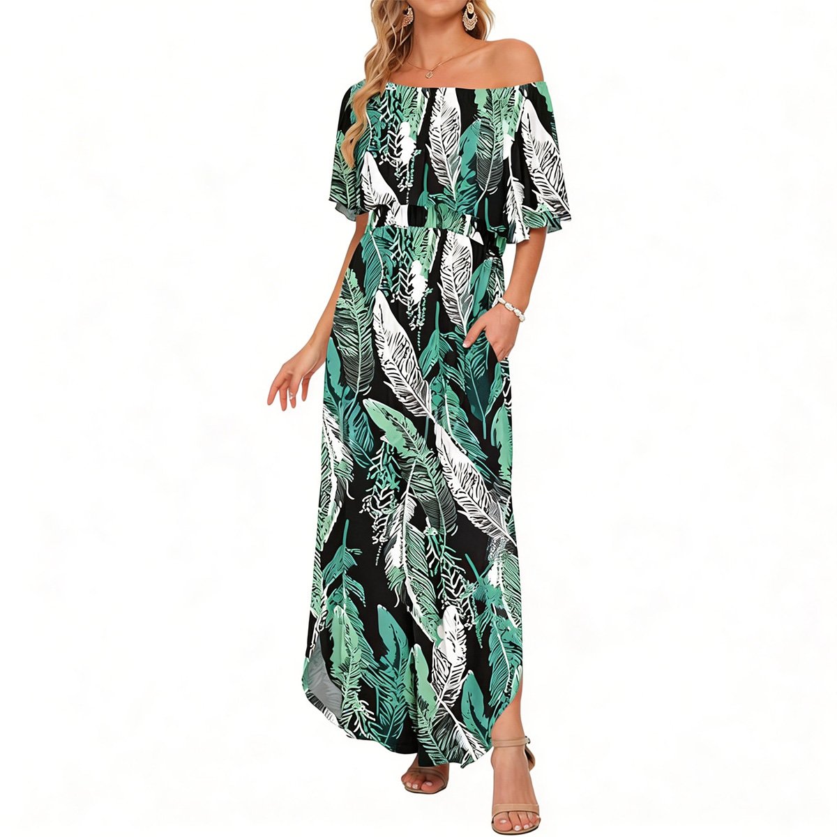 🔥Summer Hot Sale 50% OFF🔥Women's Off The Shoulder Dress Wedding Guest Dress Summer Casual Long Ruffle Party Side Split Beach Maxi Dresses