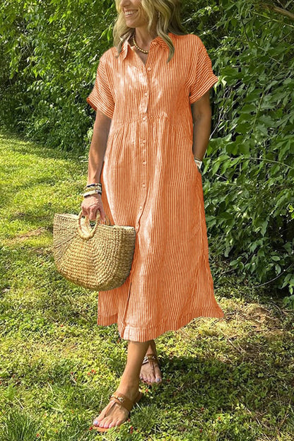 Women’s Striped Button-Down Midi Shirt Dress（Buy 2 Free Shipping）