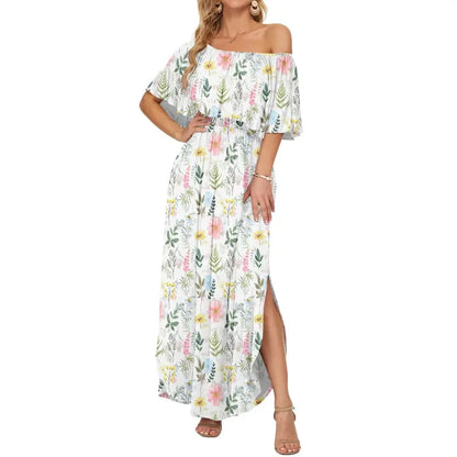 🔥Summer Hot Sale 50% OFF🔥Women's Off The Shoulder Dress Wedding Guest Dress Summer Casual Long Ruffle Party Side Split Beach Maxi Dresses