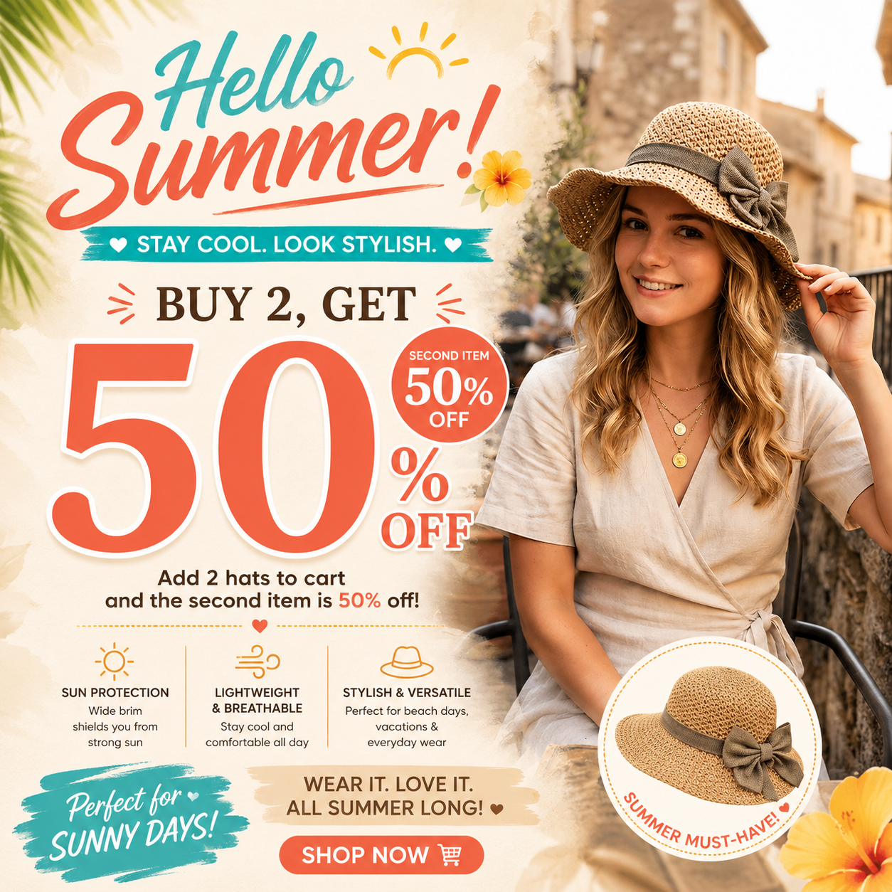 🔥Summer Special !✨Straw Hat with Retro Bow – Foldable & Breathable for Summer