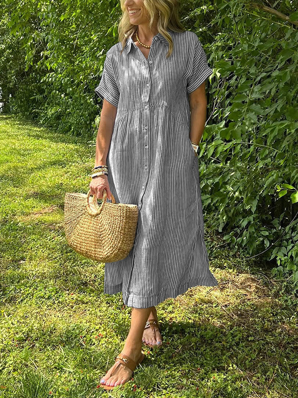 Women’s Striped Button-Down Midi Shirt Dress（Buy 2 Free Shipping）