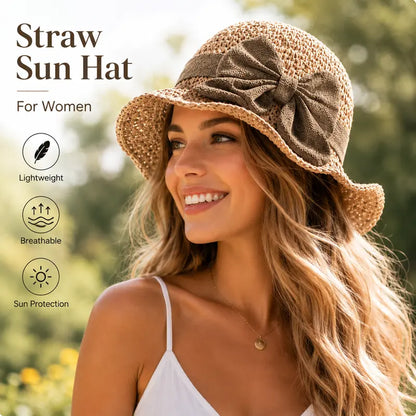 🔥Summer Special !✨Straw Hat with Retro Bow – Foldable & Breathable for Summer