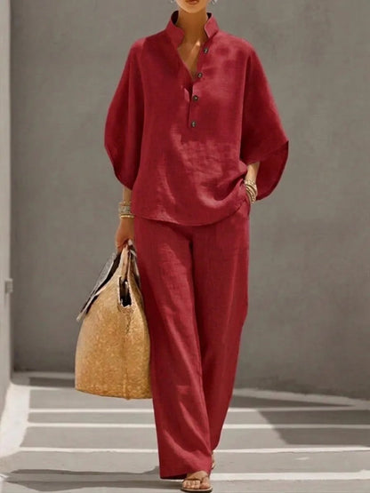 🔥🔥Last Day 50% OFF🔥Women's Batwing Sleeve Linen Cotton Two-Piece Set – Casual Shirt & Wide Leg Pants Outfit