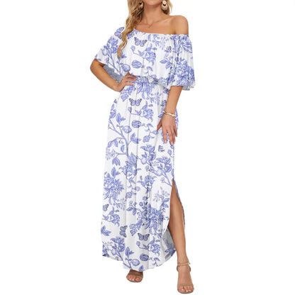 🔥Summer Hot Sale 50% OFF🔥Women's Off The Shoulder Dress Wedding Guest Dress Summer Casual Long Ruffle Party Side Split Beach Maxi Dresses
