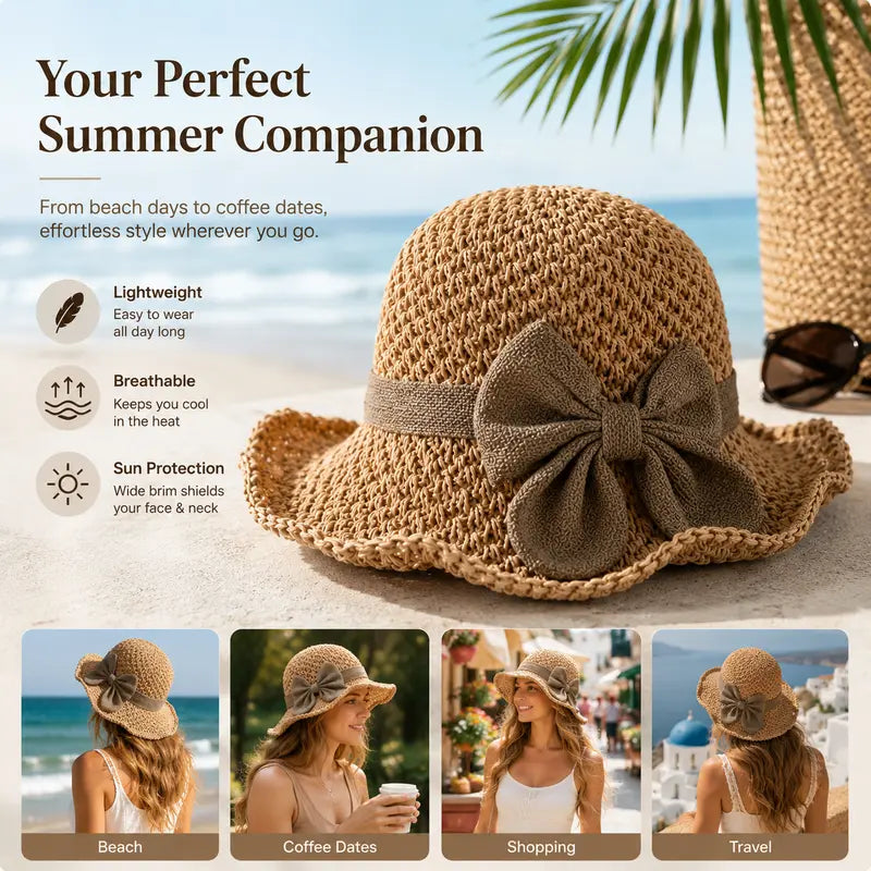 🔥Summer Special !✨Straw Hat with Retro Bow – Foldable & Breathable for Summer