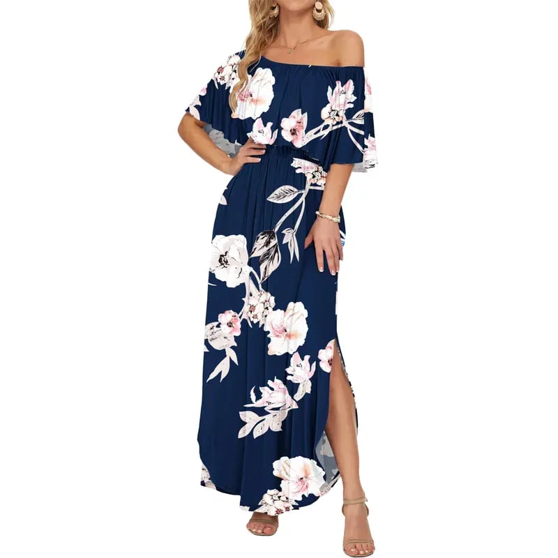 🔥Summer Hot Sale 50% OFF🔥Women's Off The Shoulder Dress Wedding Guest Dress Summer Casual Long Ruffle Party Side Split Beach Maxi Dresses