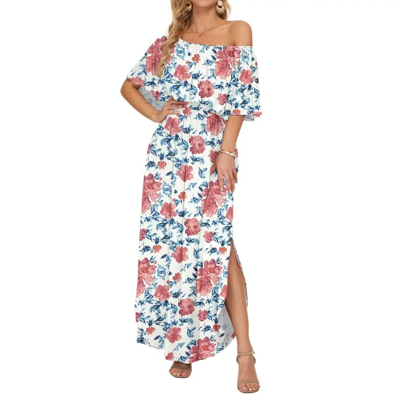 🔥Summer Hot Sale 50% OFF🔥Women's Off The Shoulder Dress Wedding Guest Dress Summer Casual Long Ruffle Party Side Split Beach Maxi Dresses