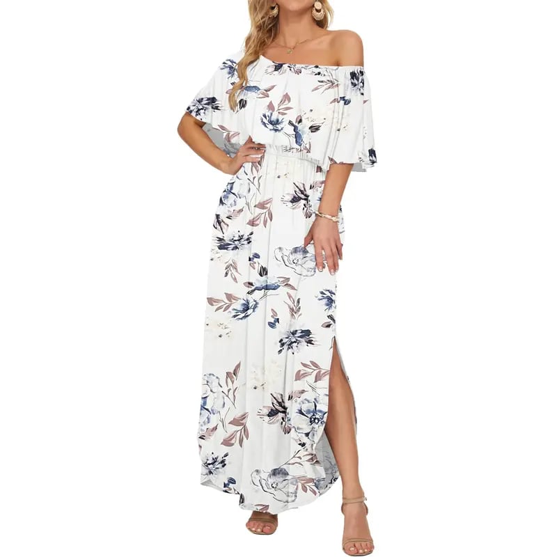 🔥Summer Hot Sale 50% OFF🔥Women's Off The Shoulder Dress Wedding Guest Dress Summer Casual Long Ruffle Party Side Split Beach Maxi Dresses