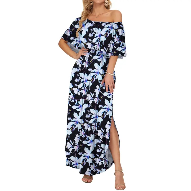 🔥Summer Hot Sale 50% OFF🔥Women's Off The Shoulder Dress Wedding Guest Dress Summer Casual Long Ruffle Party Side Split Beach Maxi Dresses